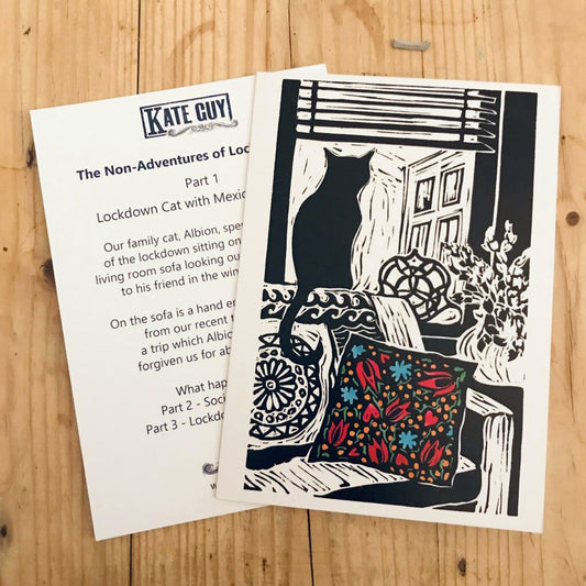 Lockdown Cat with Mexican Cushion Greetings Card