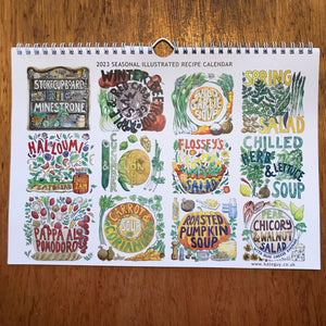 Illustrated recipe calendar 2023, each month is a delicious vegetarian soup or salad using seasonal ingredients.