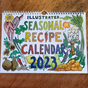 Illustrated recipe calendar 2023, each month is a delicious vegetarian soup or salad using seasonal ingredients.