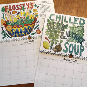 Illustrated recipe calendar 2023, each month is a delicious vegetarian soup or salad using seasonal ingredients.