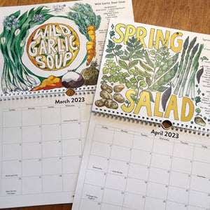 Illustrated recipe calendar 2023, each month is a delicious vegetarian soup or salad using seasonal ingredients.