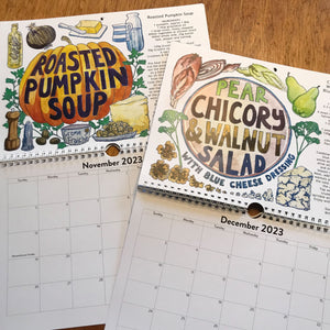 Illustrated recipe calendar 2023, each month is a delicious vegetarian soup or salad using seasonal ingredients.