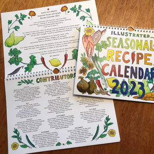 Illustrated recipe calendar 2023, each month is a delicious vegetarian soup or salad using seasonal ingredients.