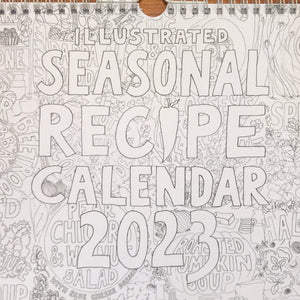 Illustrated recipe calendar 2023, each month is a delicious vegetarian soup or salad using seasonal ingredients.