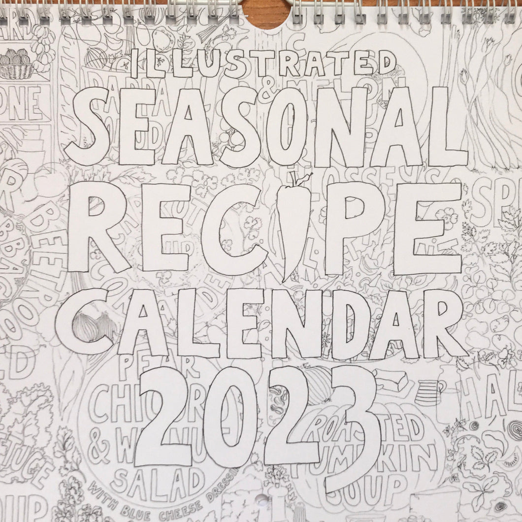 Illustrated recipe calendar 2023, each month is a delicious vegetarian soup or salad using seasonal ingredients.