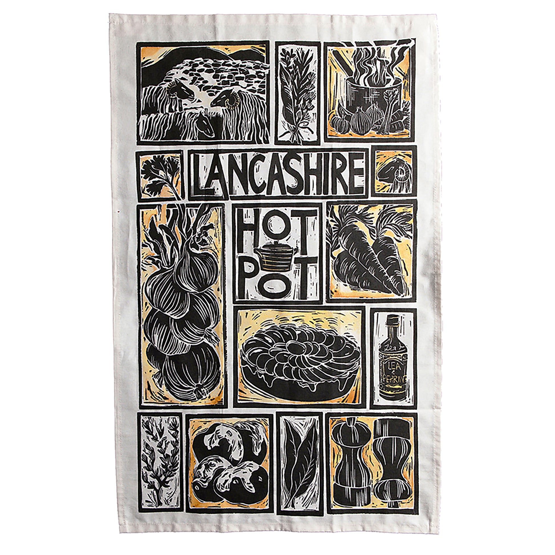 Hand-printed organic cotton tea towel with Lancashire Hot Pot recipe and linocut illustrations of sliced potatoes, lamb cutlets, and onions on a rustic wooden table, by Kate Guy