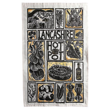 Load image into Gallery viewer, Lancashire Hot pot illustrated recipe tea towel lino cut by Kate Guy
