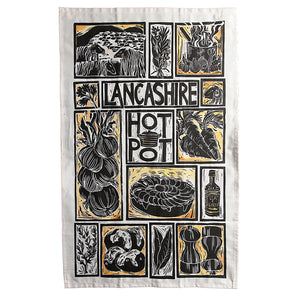 Lancashire Hot pot illustrated recipe tea towel lino cut by Kate Guy