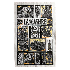 Lancashire Hot pot illustrated recipe tea towel lino cut by Kate Guy