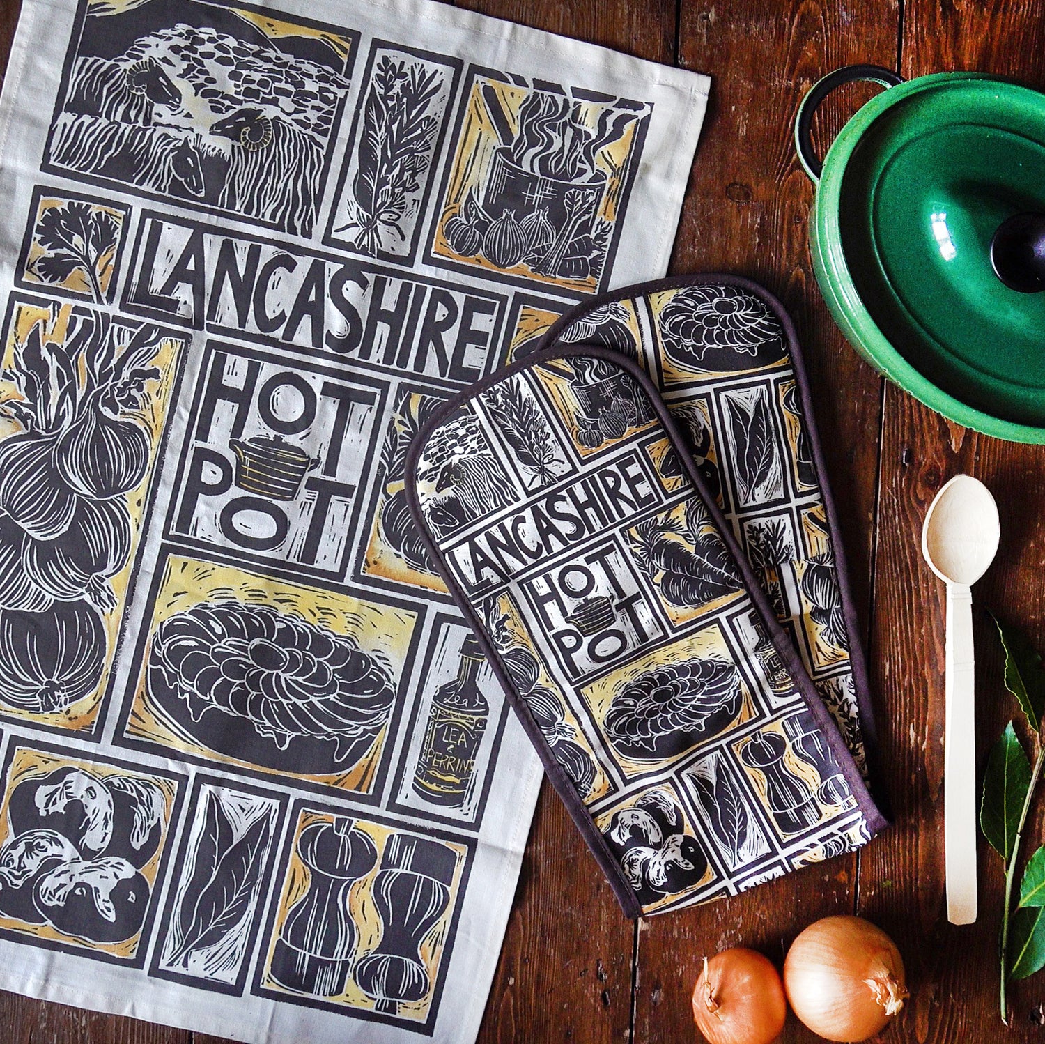 Lancashire Hot pot illustrated recipe tea towel and oven gloves set,lino cut by Kate Guy with cooking instructions in the tag