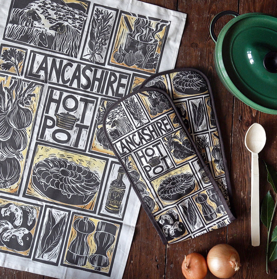 Lancashire Hot pot illustrated recipe gift set tea towel and oven gloves by Kate Guy Prints