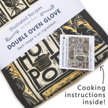 Load image into Gallery viewer, Lancashire Hot pot illustrated recipe double oven glove lino cut by Kate Guy with cooking instructions in the tag
