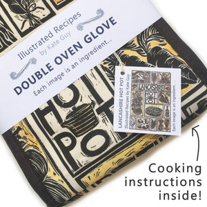 Lancashire Hot pot illustrated recipe double oven glove lino cut by Kate Guy with cooking instructions in the tag