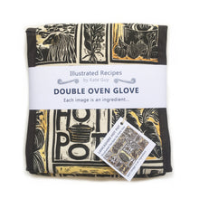Load image into Gallery viewer, Lancashire Hot pot illustrated recipe double oven glove lino cut by Kate Guy with cooking instructions in the tag
