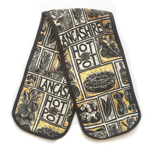 Load image into Gallery viewer, Lancashire Hot pot illustrated recipe double oven glove lino cut by Kate Guy with cooking instructions in the tag
