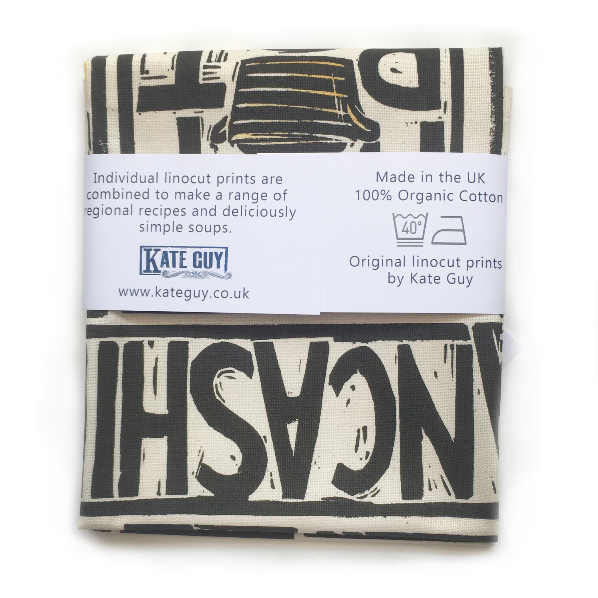 Lancashire Hot pot illustrated recipe tea towel lino cut by Kate Guy with cooking instructions in the tag
