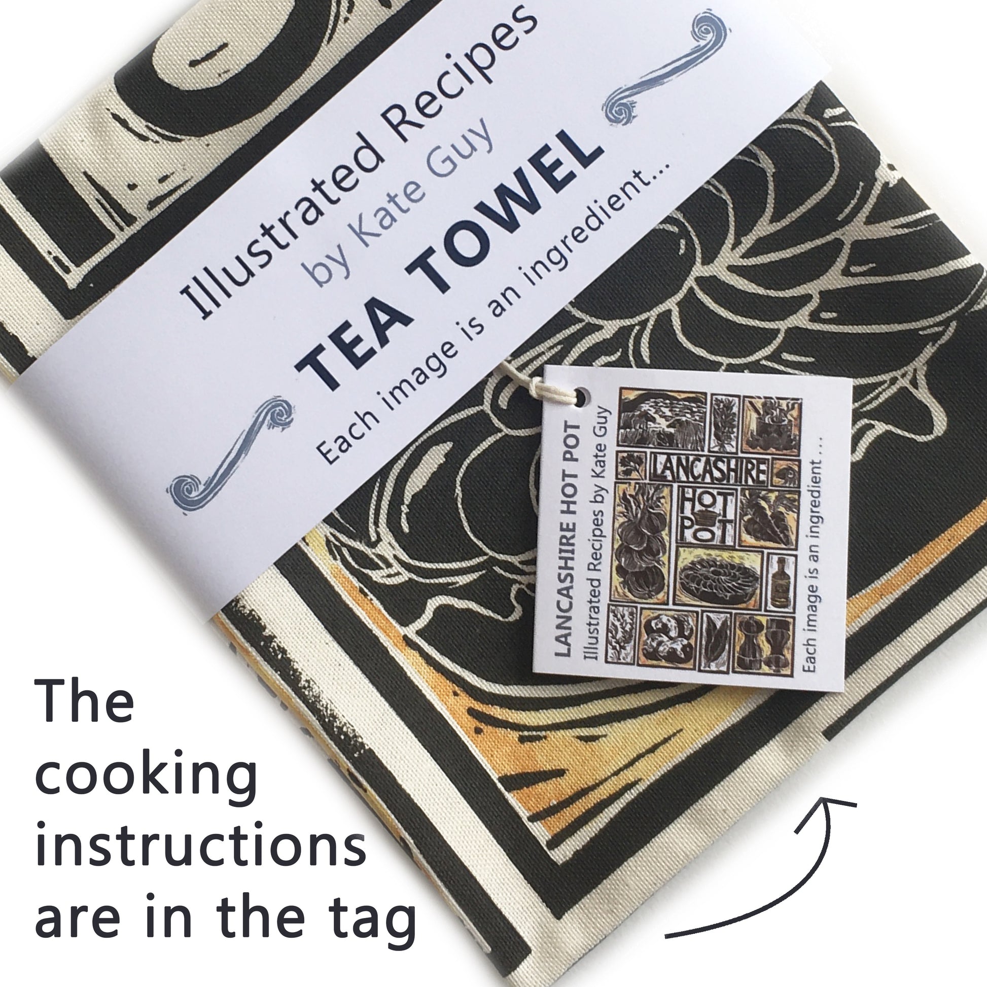 Lancashire Hot pot illustrated recipe tea towel lino cut by Kate Guy with cooking instructions in the tag