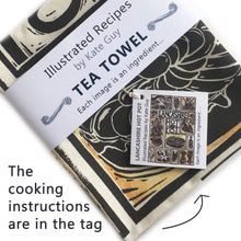 Load image into Gallery viewer, Lancashire Hot pot illustrated recipe tea towel lino cut by Kate Guy with cooking instructions in the tag
