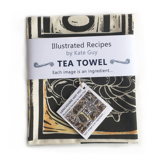 Lancashire Hot pot illustrated recipe tea towel lino cut by Kate Guy with cooking instructions in the tag