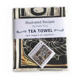 Lancashire Hot pot illustrated recipe tea towel lino cut by Kate Guy with cooking instructions in the tag