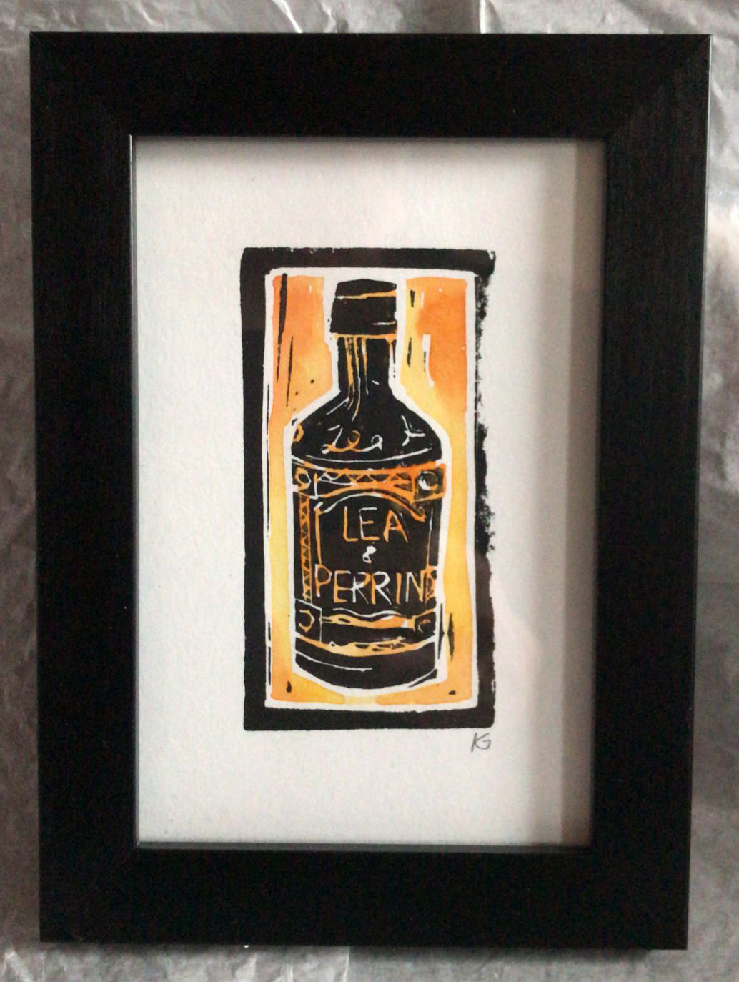 Linocut print Small Lea and Perrins Worcestershire Sauce  Ingredients prints by Kate Guy Prints
