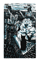 Load image into Gallery viewer, Linocut Print of Black Cat on the roof top of a London terraced house by Kate Guy
