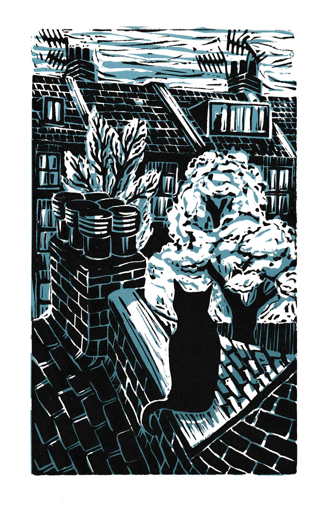 Linocut Print of Black Cat on the roof top of a London terraced house by Kate Guy