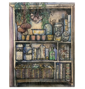 Kate Guy Prints Monotype kitchen cupboard shelves of food and interesting bottles
