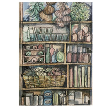 Load image into Gallery viewer, Kate Guy Prints Monotype kitchen cupboard shelves of food and interesting bottles
