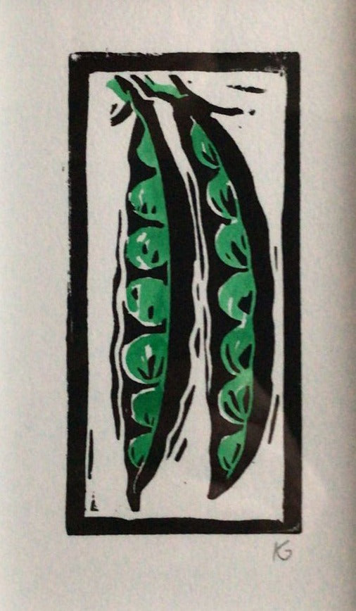 Linocut print peas in a pod Ingredients prints by Kate Guy Prints