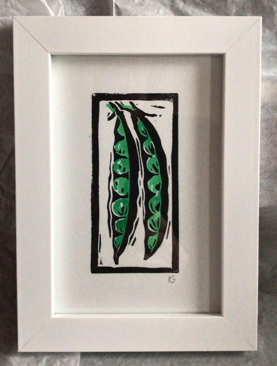 Linocut print peas in a pod Ingredients prints by Kate Guy Prints
