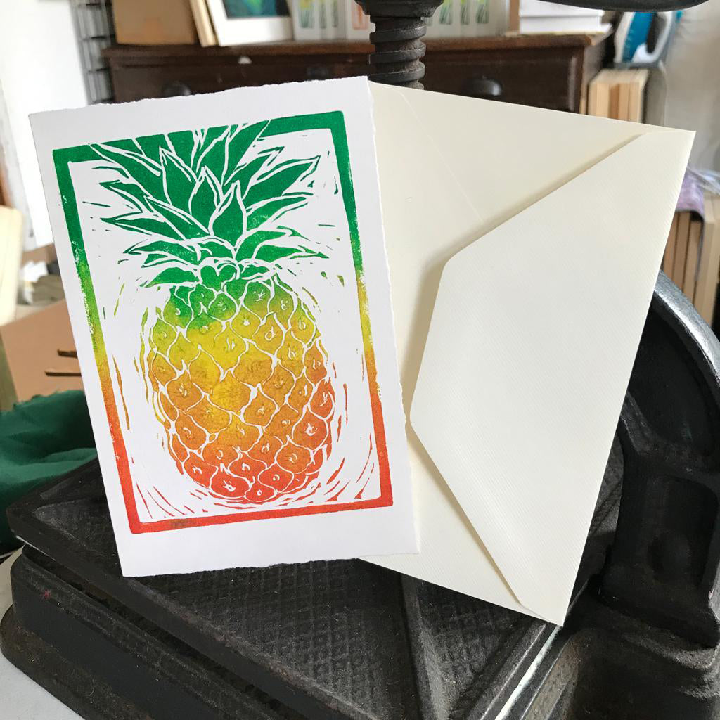 Hand Printed Greetings Card Linocut Pineapple by Kate Guy Prints