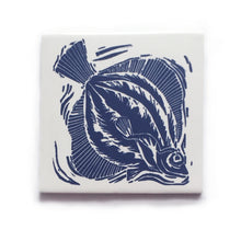 Load image into Gallery viewer, Plaice fish handmade tile in blue on cream, lino cut print by Kate Guy
