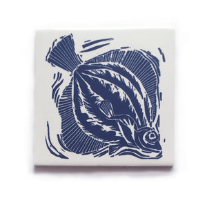 Plaice fish handmade tile in blue on cream, lino cut print by Kate Guy