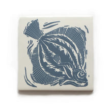 Load image into Gallery viewer, Plaice fish handmade tile in pale blue on cream, lino cut print by Kate Guy
