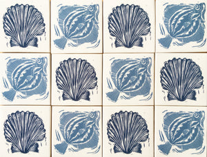 Handmade tiles lino cuts by Kate Guy Scallop Sardines and Plaice