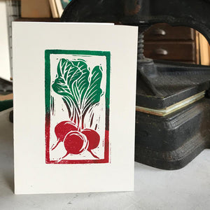 Hand Printed Greetings Card Linocut Raddishes by Kate Guy Prints