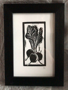 Linocut print small bunch of raddishes Ingredients prints by Kate Guy Prints
