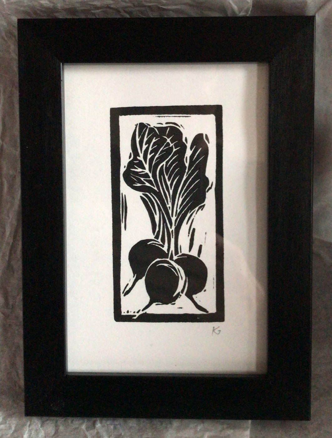 Linocut print small bunch of beetroot Ingredients prints by Kate Guy Prints