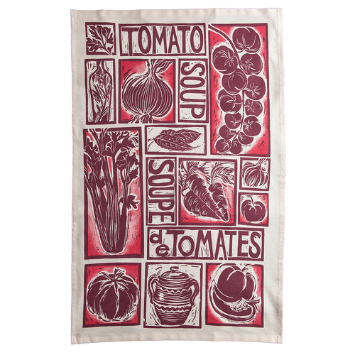 Tomato Soup illustrated recipe tea towel lino cut by Kate Guy