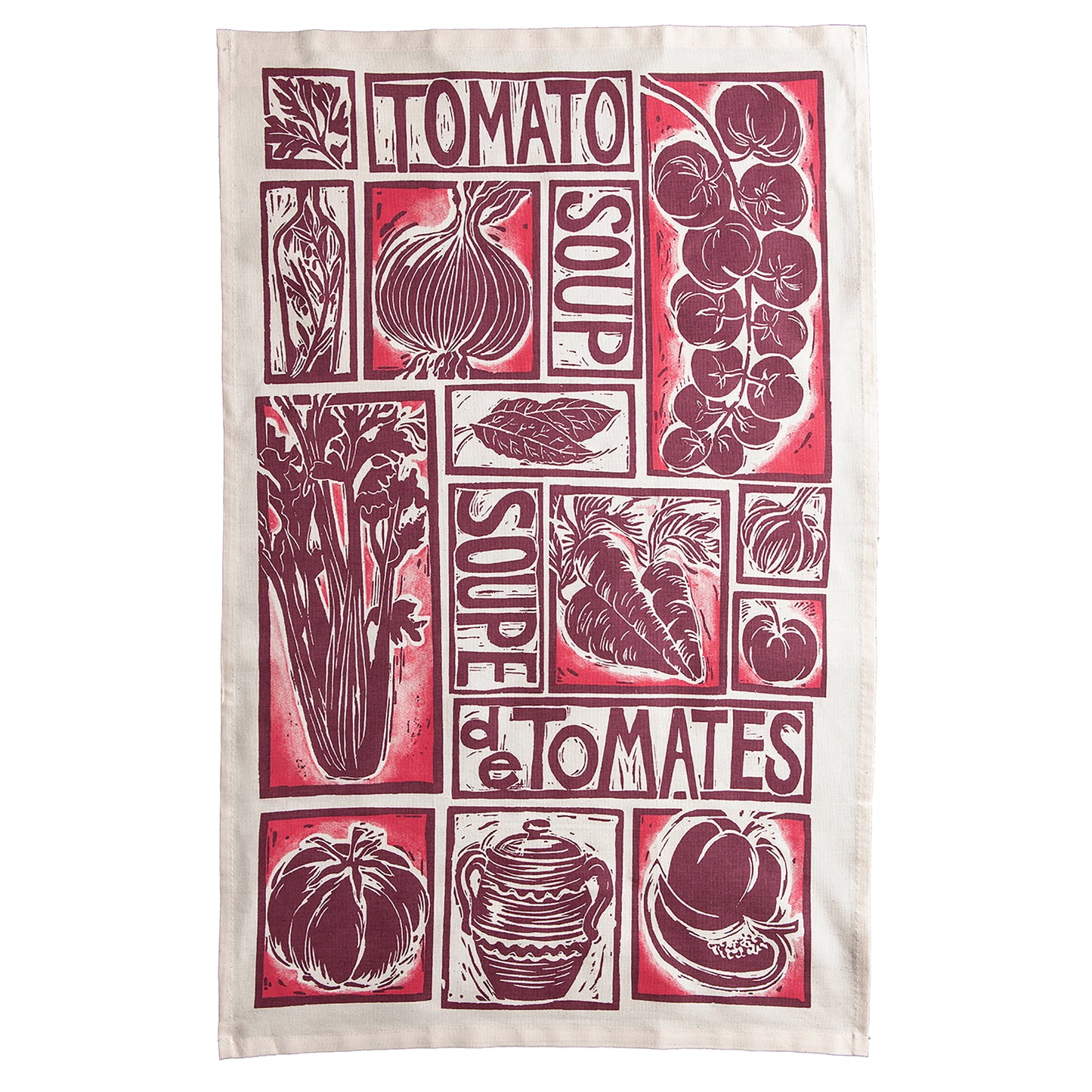 tomato soup illustrated recipe gift set tea towel apron and oven gloves lino cuts by Kate Guy Prints