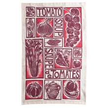 Load image into Gallery viewer, tomato soup illustrated recipe gift set tea towel apron and oven gloves lino cuts by Kate Guy Prints
