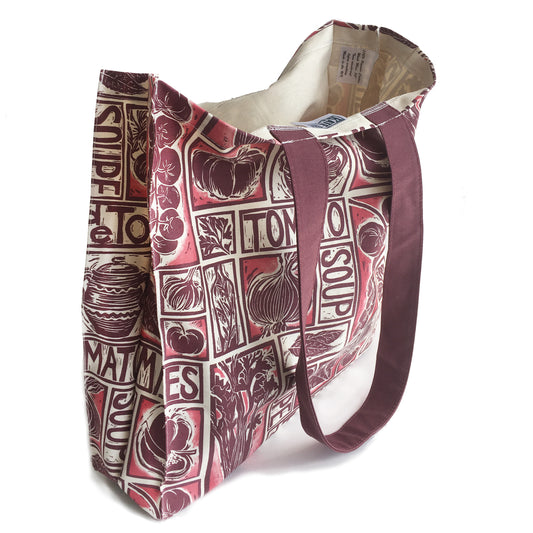 Tomato Soup Illustrated Recipe long handled tote bag lino cut design by Kate Guy