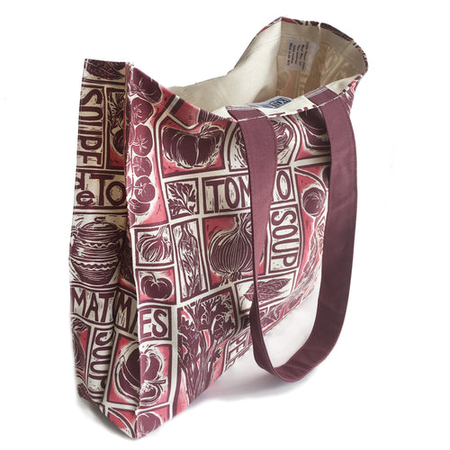 Tomato Soup Illustrated Recipe long handled tote bag lino cut design by Kate Guy