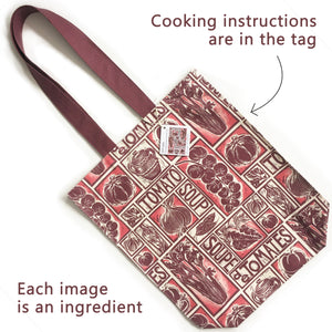Tomato Soup Illustrated Recipe long handled tote bag lino cut design by Kate Guy