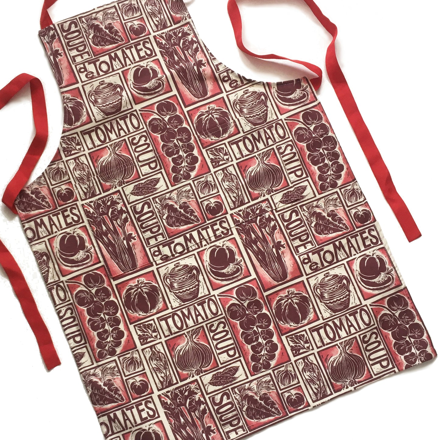 Roasted Tomato Soup Illustrated Recipe apron lino cut by Kate Guy