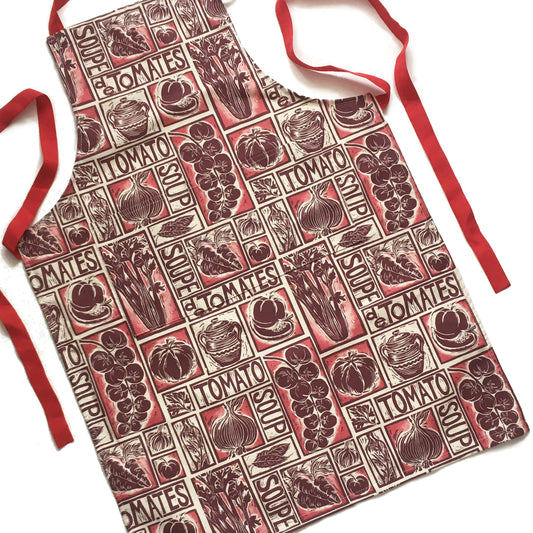 Roasted Tomato Soup Illustrated Recipe apron lino cut by Kate Guy
