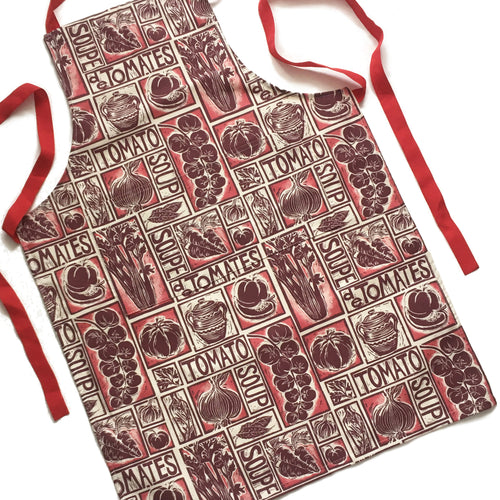 Roasted Tomato Soup Illustrated Recipe apron lino cut by Kate Guy