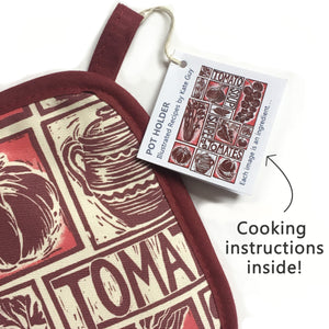 Tomato Soup illustrated recipe pot holder comes with cooking instructions,  lino cut print by Kate Guy