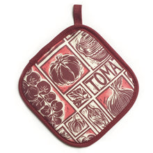 Load image into Gallery viewer, Tomato Soup illustrated recipe pot holder comes with cooking instructions,  lino cut print by Kate Guy
